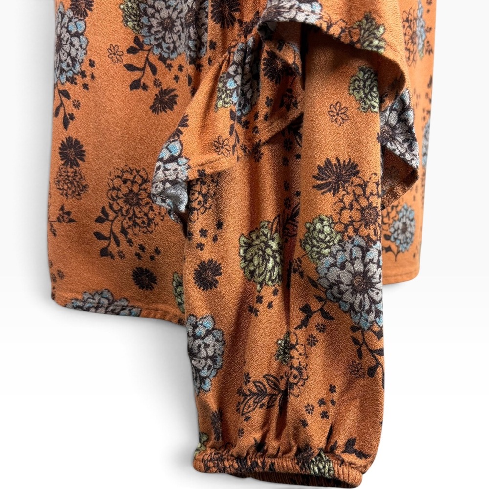 Sonoma Floral Boho Blouse Rust Orange Blue Green Ruffle Front Long Sleeve Size M - Picture 8 of 14